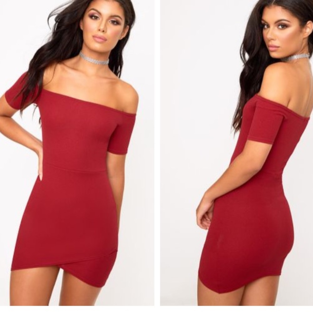 Burgundy Bardot Wrap Skirt Bodycon Dress